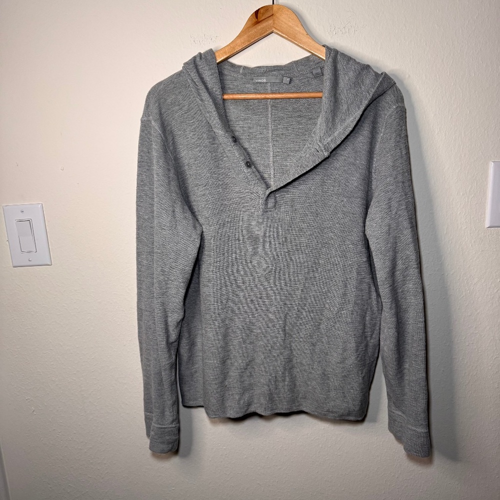 Vince Men's Thermal Waffle Knit Henley Hoodie MD Grey Casual